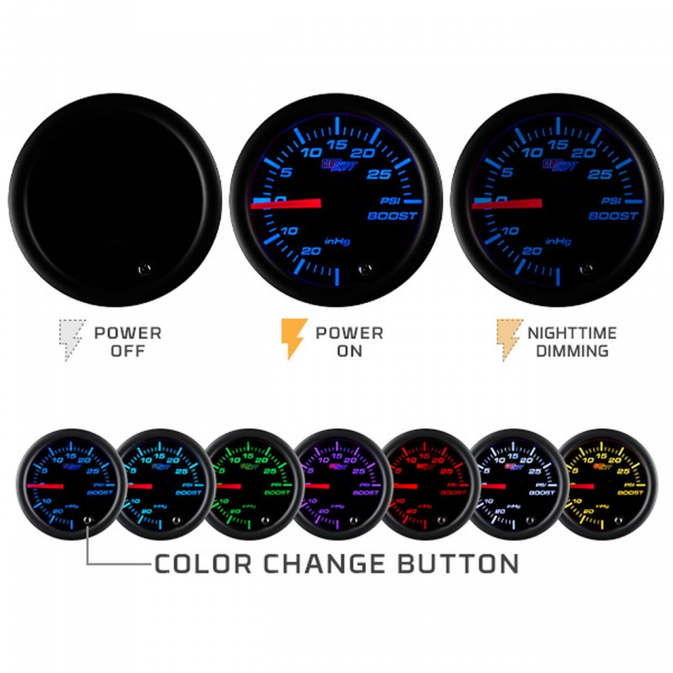 Turbo Boost Gauge Kit Vacuum 30 PSI Tinted 7 Color - Includes Mechanical  Hose & T-Fitting - Black Dial- for Car&Truck - 55mm